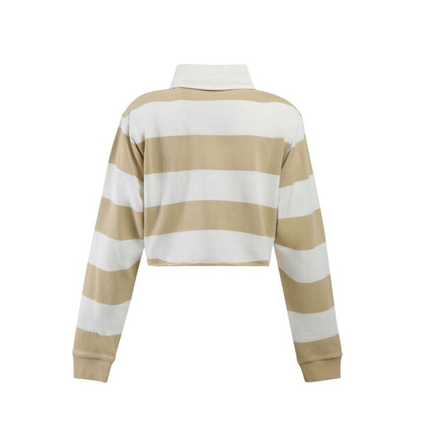 Back view of a cropped long-sleeve rugby shirt with white and gold stripes.